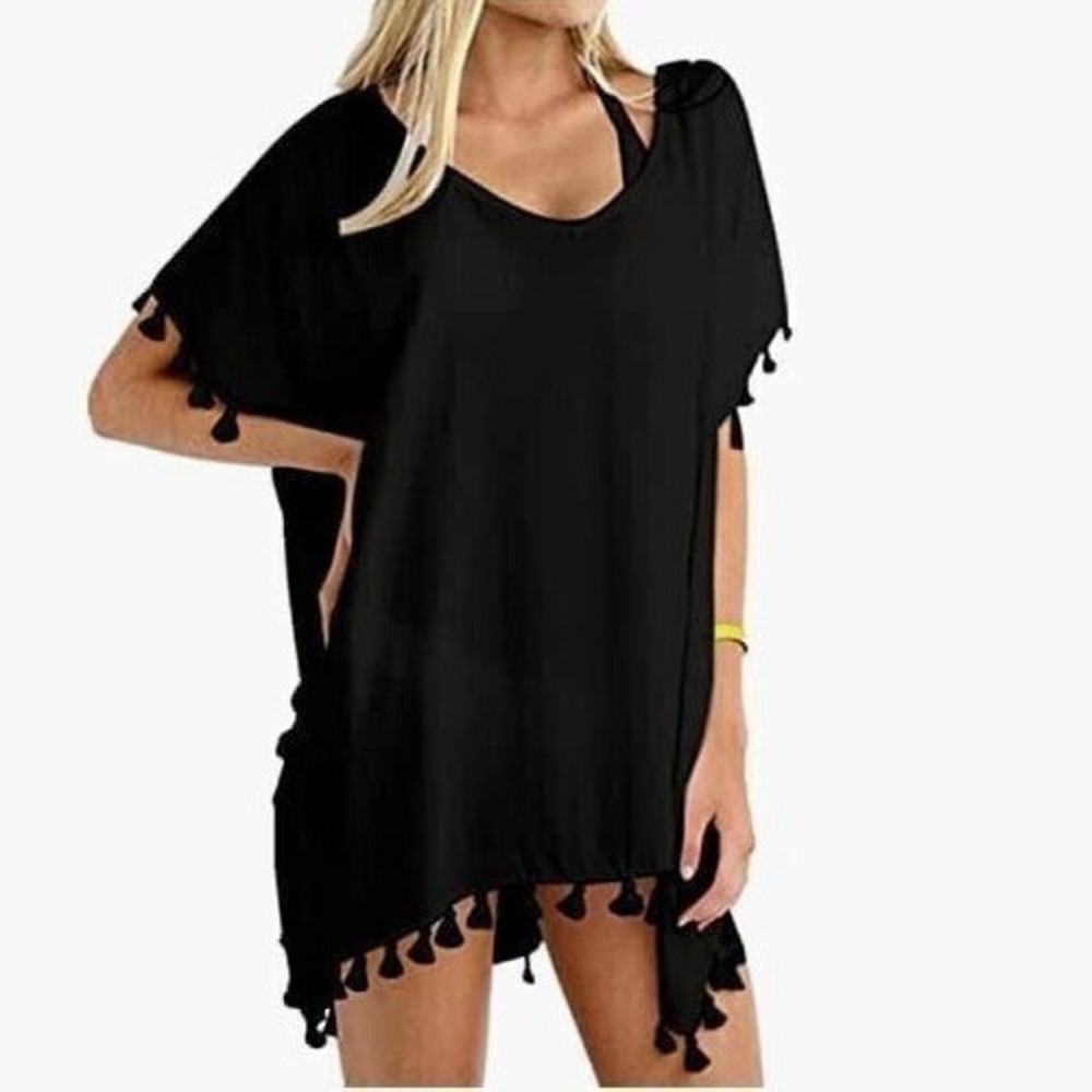 NWT AMAZON ESSENTIALS Womens One Size Swimsuit Coverup Chiffon Tassels Black